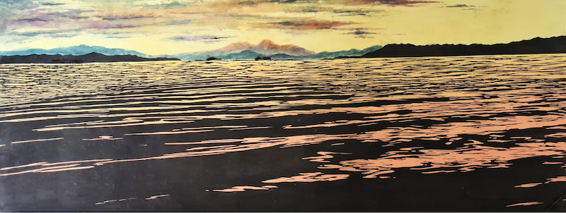 Colored woodcut print of Lake Taupo by Sally-Ann Davies | on Art Biz Success