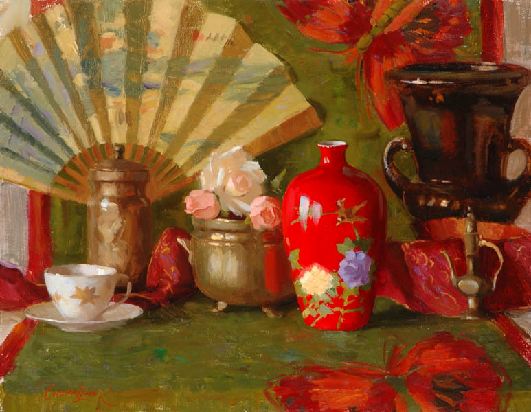 Kenneth Cadwallader, Arrangement of Red and Green. Oil on canvas, 22 x 28 inches. ©The Artist