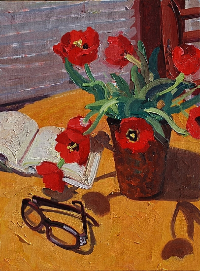Jeannie Paty, Red Tulips with Glasses. 