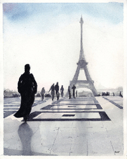 Andrea Hupke de Palacio, Eiffel Tower, View from Trocadero on a Misty Day. Watercolor