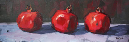 Cathleen Rehfeld, Three Pomegranates. Oil on canvas on panel.