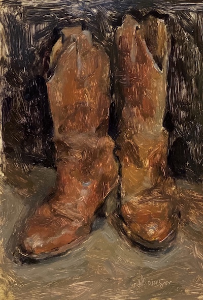 Mel Williamson oil painting of cowboy boots | on Art Biz Success