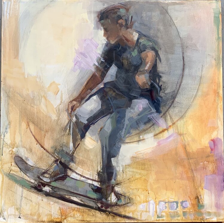 square oil and acrylic painting of a young skateboarder going up an incline in yellow orange and purple artist Jessica Cook | on Art Biz Success
