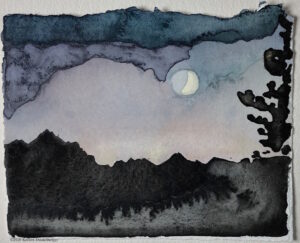 watercolor painting in blues purples and grays of the moon over a mountain range clouds above | on Art Biz Success