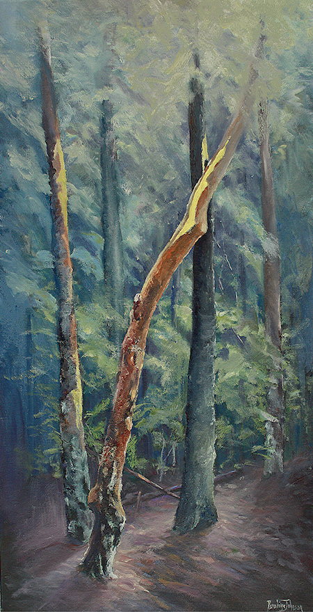 ©Pauline Johnson, Shedding Bark. Oil on canvas, 36 x 18 inches. Used with permission. 