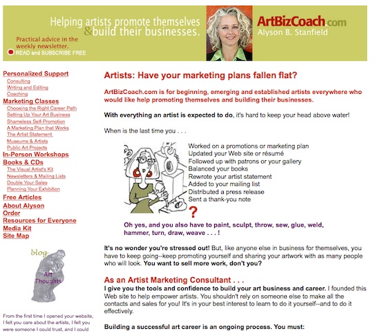 The Art Biz Coach home page from January of 2005 looks dated with the small images, dense text, and out-of-control menu. 