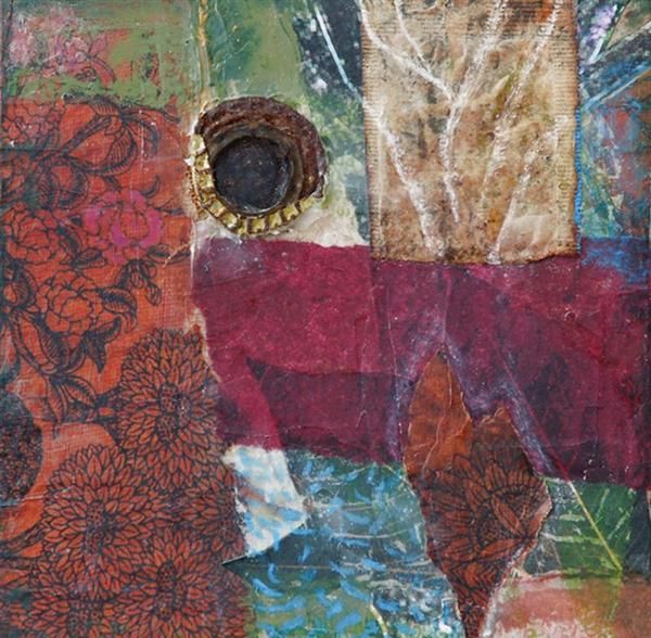 ©Vicki Cohen, In the Thicket. Collage, found object, cold wax, oil on wood, 6 x 6 inches. Used with permission. 