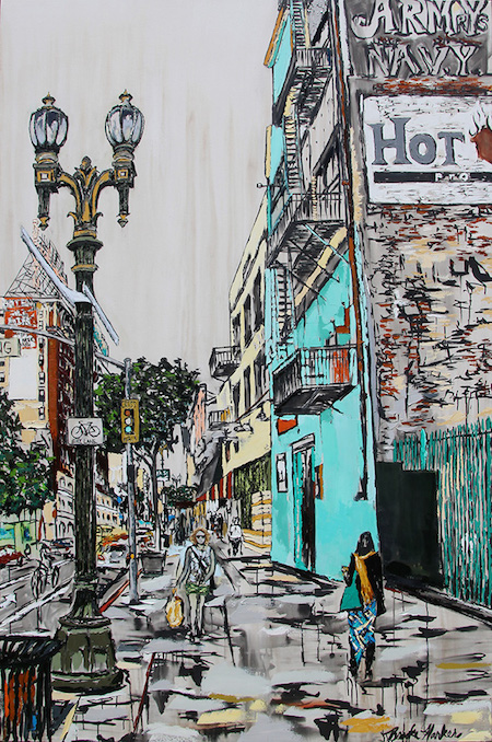 ©Brooke Harker, Downtown Stride. Ink, oil and acrylic, 90 x 60 inches. Used with permission. 