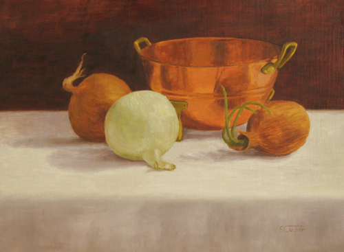 Painting of onions and a copper bowl by Sylvia Tucker