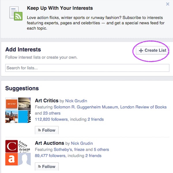 Create Lists button on Facebook | Art Biz Coach