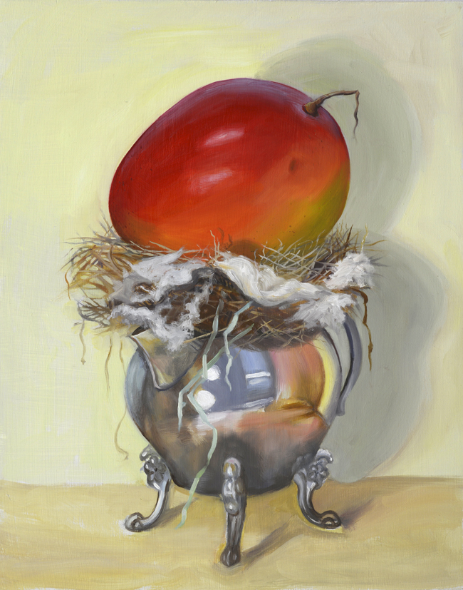 ©Jean Reece Wilkey, Mango on Silver Creamer. Oil on panel, 14 x 11 inches. Used with permission.