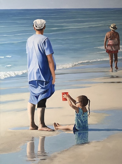 Upon such introspection beach scene oil painting on canvas of adult standing child seated playing in sand 48 x 36 inches © Judy Steffens