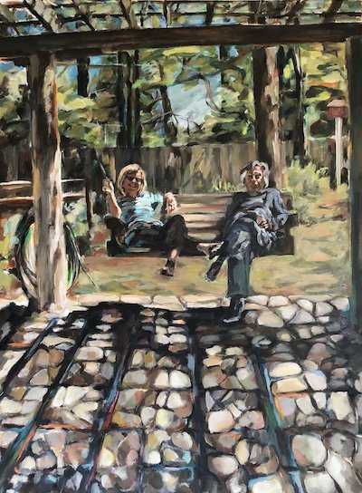 Acrylic painting of couple of porch swing artist Nancy Hoehn | on Art Biz Success
