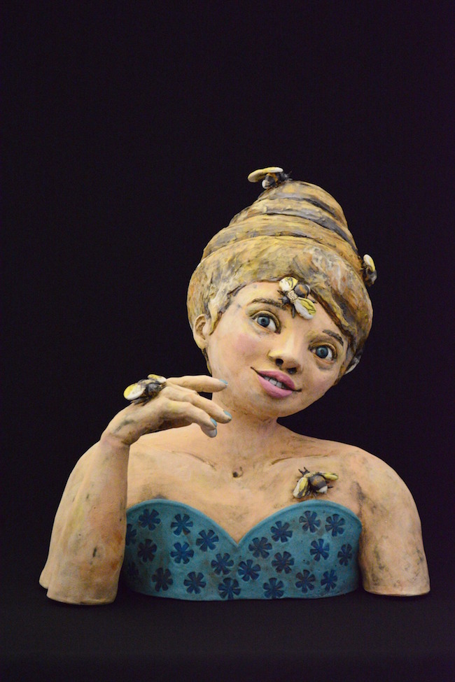 Edrian Thomidis ceramic of woman surrounded by bees 
