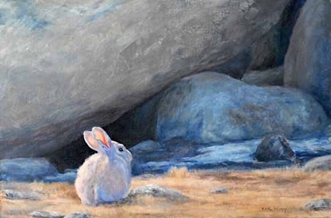 Painting of rabbit near boulders by Shirl Ireland