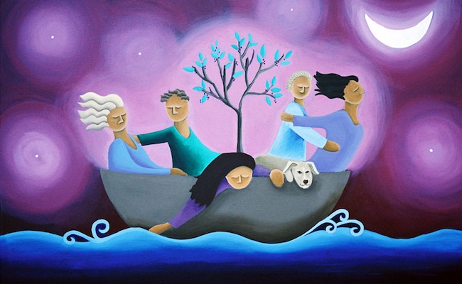 Mandy Evans narrative painting of 5 people in a boat