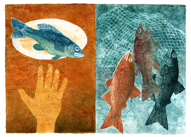 Fine art print, collagraph and monotype, of a hand with 4 fish and a net by Kathleen Piercefield