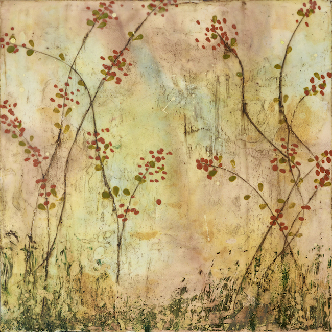 ©Mary Farmer, A Place Far Away. Encaustic on panel, 20 x 20 inches. Used with permission.