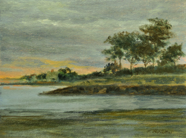 ©Phyllis Tarlow, Evening Shoreline at Rye Town Beach. Oil on panel, 6 x 8 inches. Used with permissio