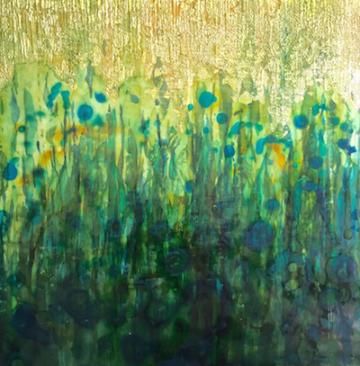 ©Heath Joy Miller, Sea Garden II. Encaustic, ink, shellac, and gold leaf on wood, 36 x 36 inches. Used with permission.