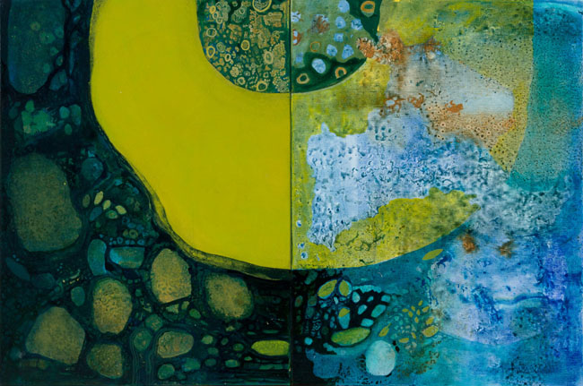 acrylic painting green and blue organic shapes artist Norma Jean Moore | on Art Biz Success