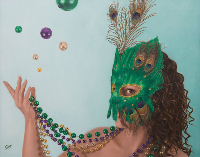 oil painting woman in peacock feather face mask wearing purple gold free beaded necklaces | on Art Biz Success