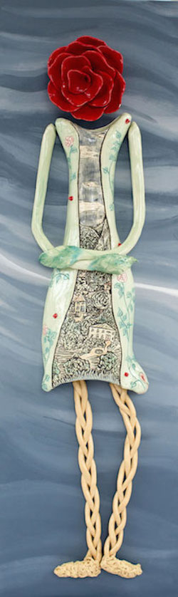 ©Eva Marie Restel, Thoughtful Hopeful Rose. Ceramic and canvas, 46 x 14 x 4 inches.