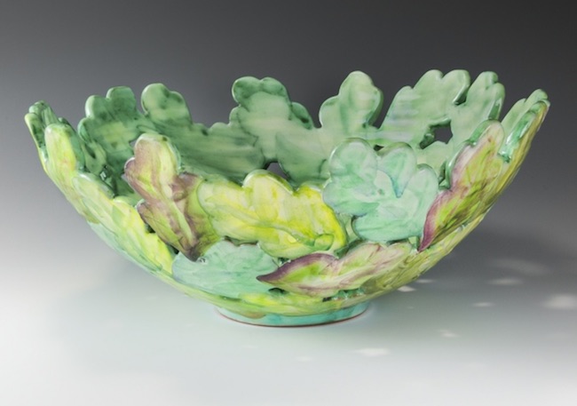 Ceramic dish made of green abstract leaves by Peggy Crago