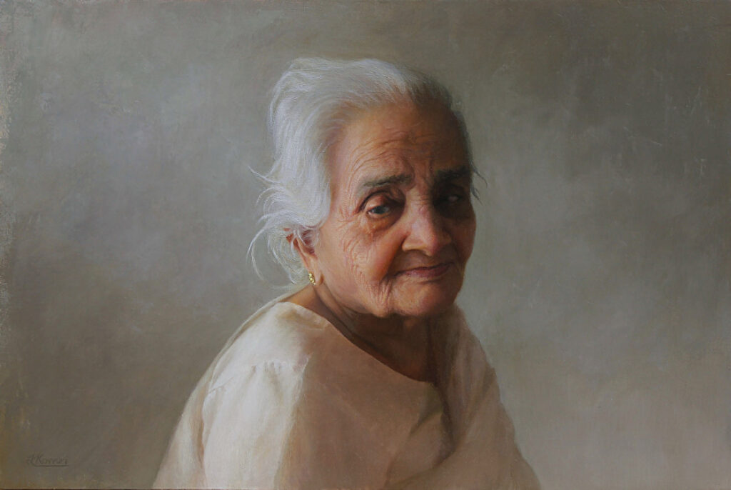 Portrait painting of Indian grandmother at age 94 by artist Lisa Kovvuri