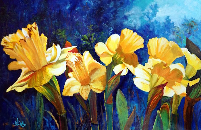 ©Alika Kumar, Daffodils. Acrylic on canvas, 24 x 36 inches. Used with permission.