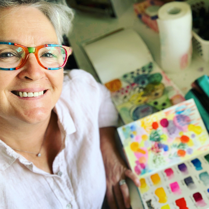 Australian artist Tracey Hewitt  in the studio on New Years Day 2020, starting the year in the studio.