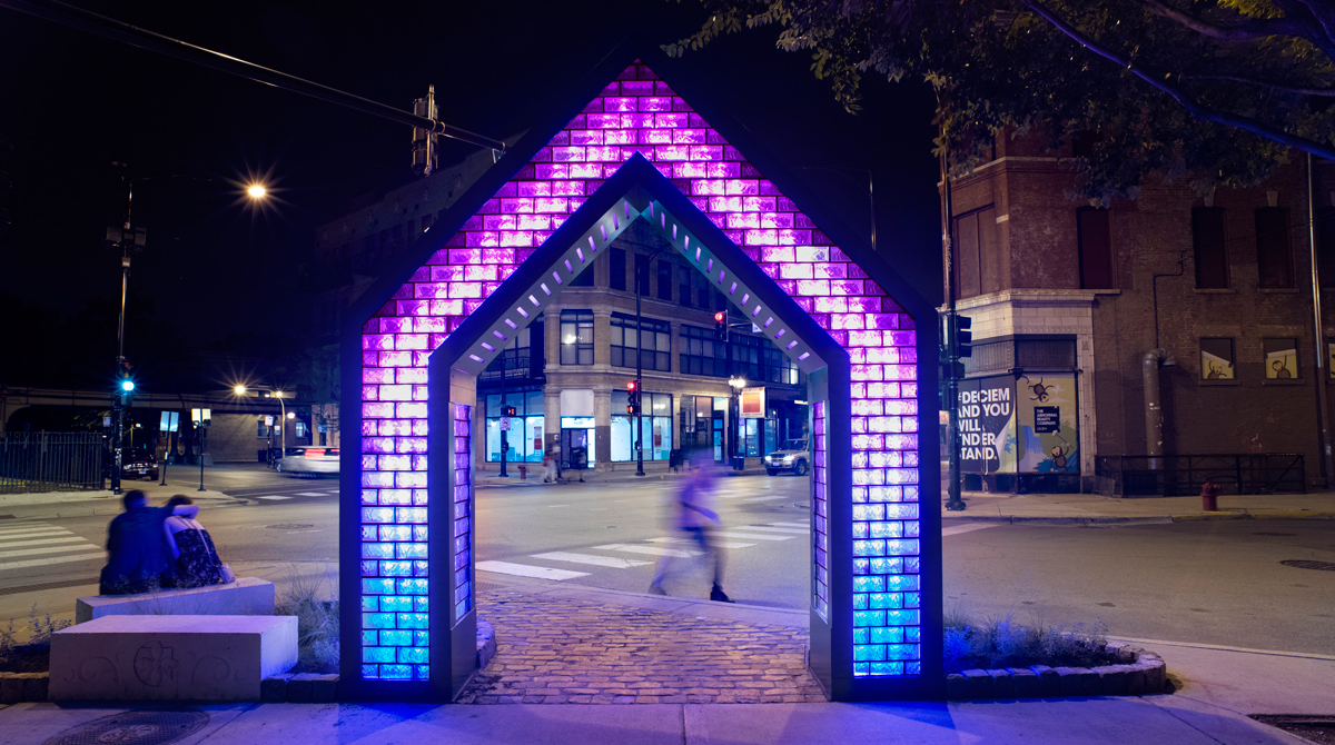 ©2018, Lynn Basa, Workers Cottage Parklet. Glass brick, stone, concrete, LED lights and metal, 13' 1.75" x 11' 5.5" x 2' 1.5". Photo by James Prinz. Used with permission.