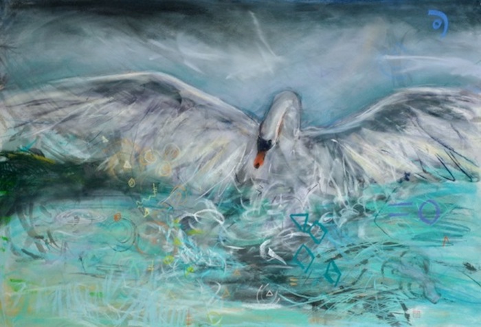 Pastel painting by Pat Dolan swan wings out on water | on Art Biz Success