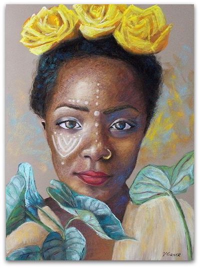 pastel woman with yellow flower headress | on Art Biz Success
