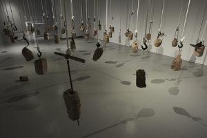 Erratic Installation found object sculpture rope and clay vessels hangin | on Art Biz Success