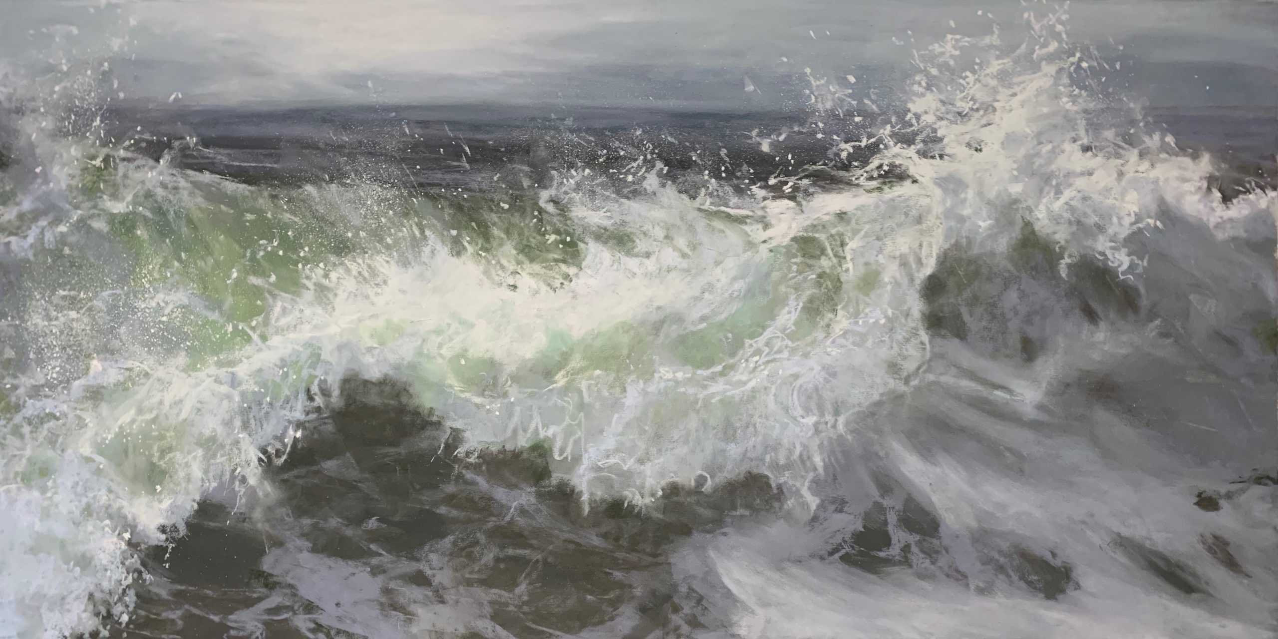 Pastel drawing of crashing ocean waves in blues, greens, and grays