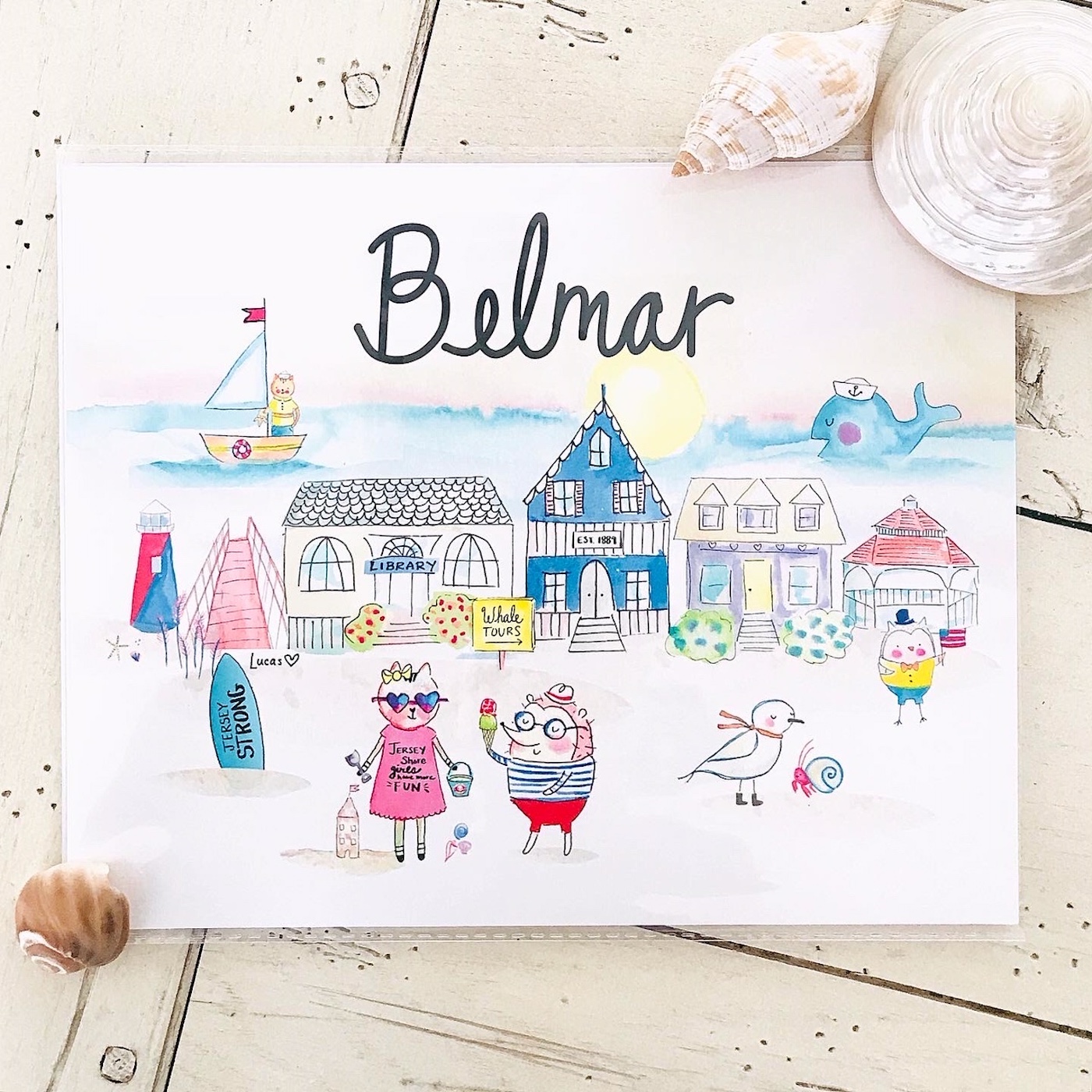 © Ashley Lucas Belmar whimsical watercolor painting of Belmar, seaside town