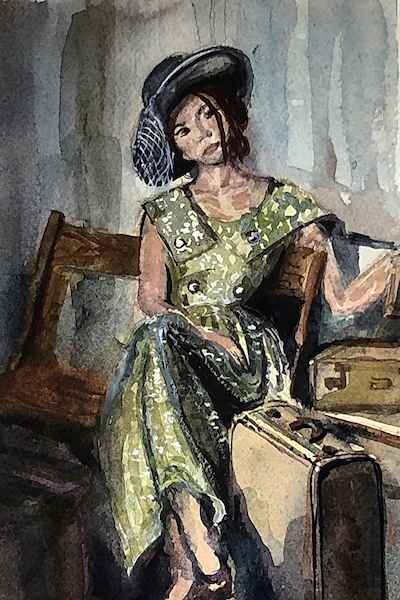 painting of a woman in a green dress with black hat at the train station © Deena S. Ball