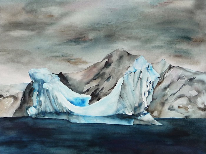 Watercolor painting Iceberg from our zodiac antarctica artist Lisa Goren watercolor on paper 22 x 30 inches