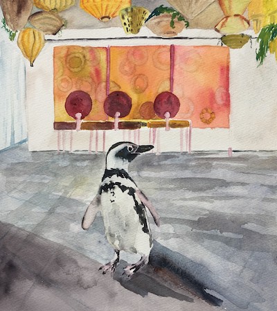 Modern art visitor watercolor painting of penguin visiting Shedd Aquarium artist Lisa Goren 11 x 10 inches watercolor on paper