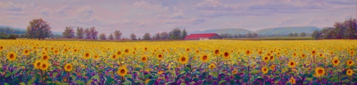Oil painting of sunflowers in a field artist Simonne Roy 
