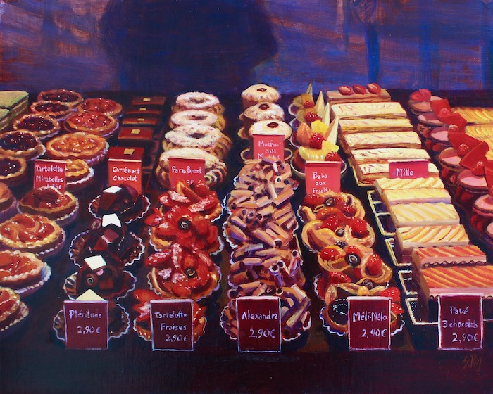 oil painting of french pastries in store artist Simonne Roy