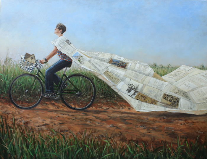 The Journey Forward 56 x 72 inches oil on canvas painting of artist father AIDS death The Letters series man riding bicycle with cape quilt of letters © Sara Lee Hughes
