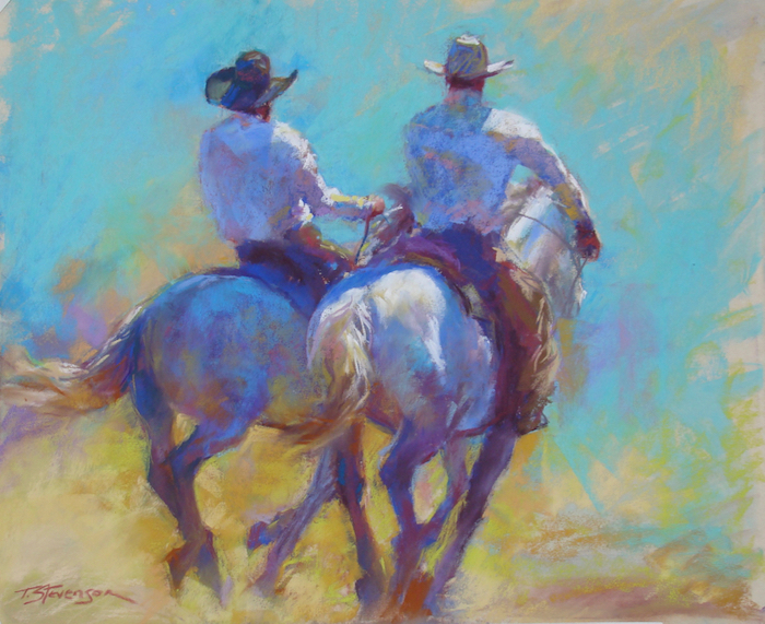 Hot Pursuit 12 x 15 inches pastel drawing on sanded paper of two cowboys riding away from viewer yellows blues © Trish Stevenson the west in pastel