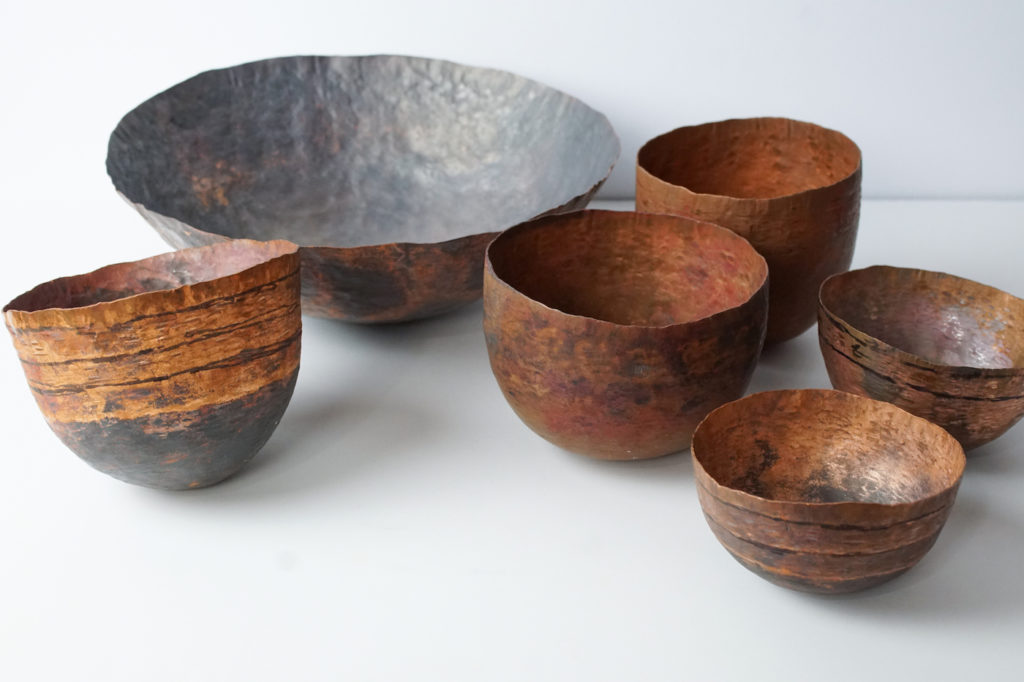 Megan Auman artists hammered copper bowls in progress | on Art Biz Success