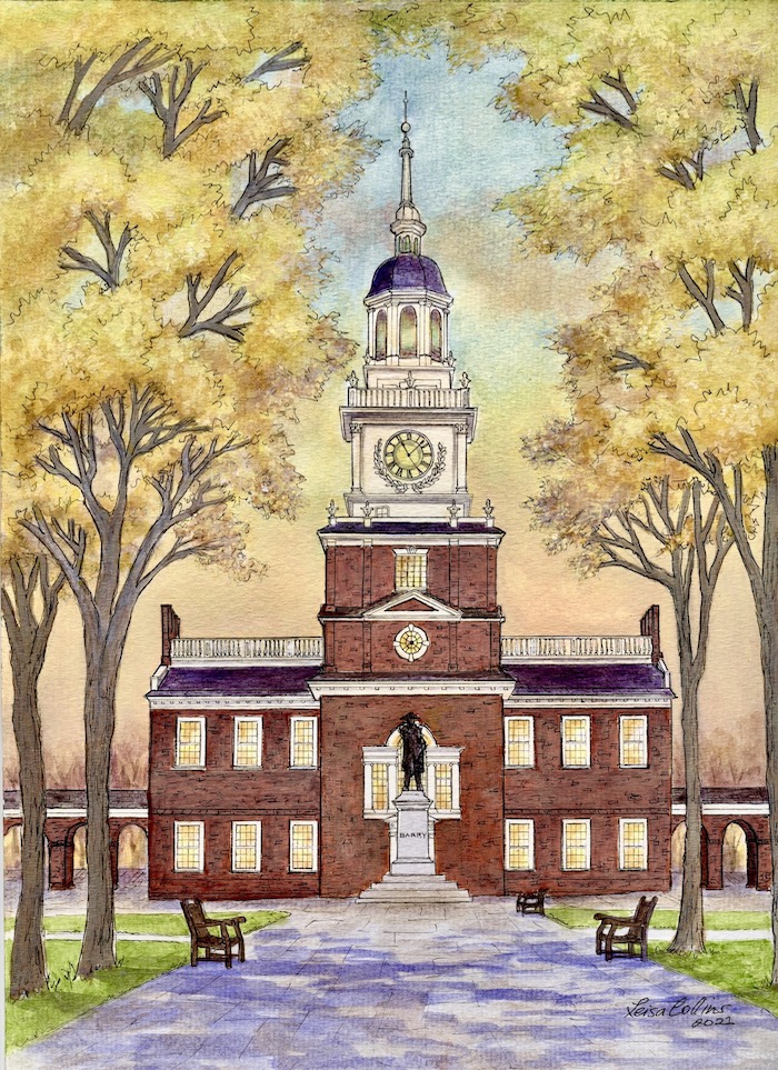 Independence Hall pen and watercolor painting artist Lesia Collins | on Art Biz Success