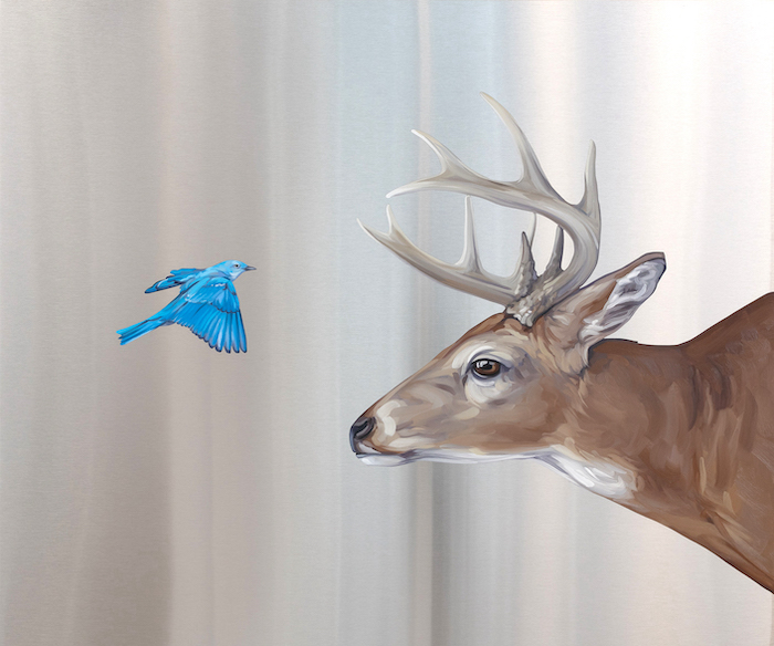 oil painting deer and blue bird artist Mai Wyn Schantz | on Art Biz Success