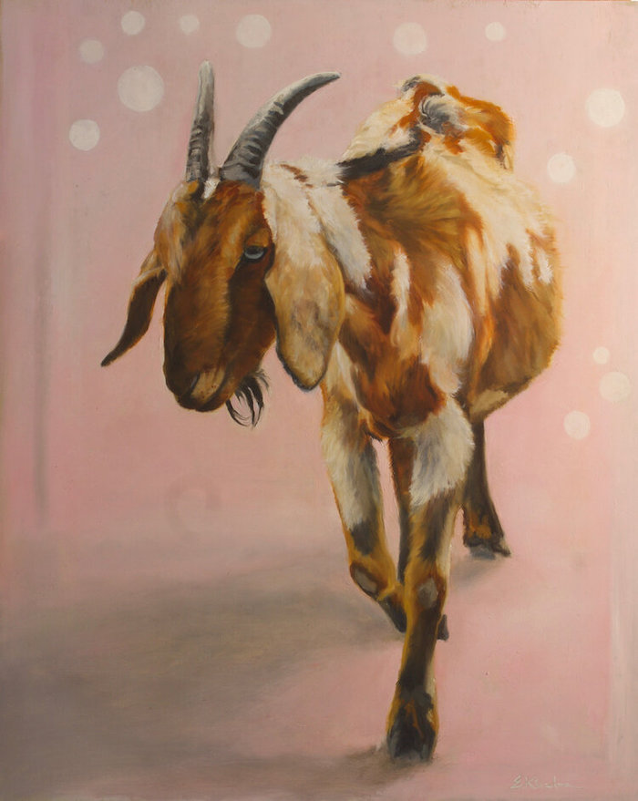 Painting of a spotted goat on a light pink background by Elizabeth Kinahan | on Art Biz Success