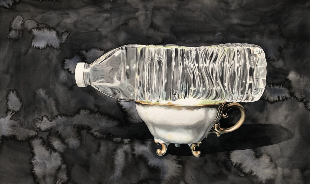 Sara Drescher watercolor painting clear water bottle balanced on white and gold teacup sustainability | on Art Biz Success