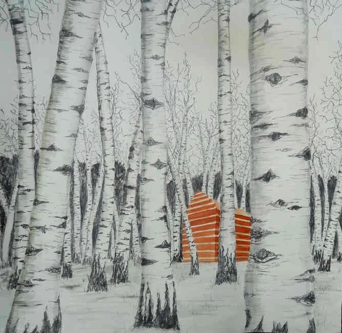graphite and gouache of white and gray birch trees with small cabin | on Art Biz Success